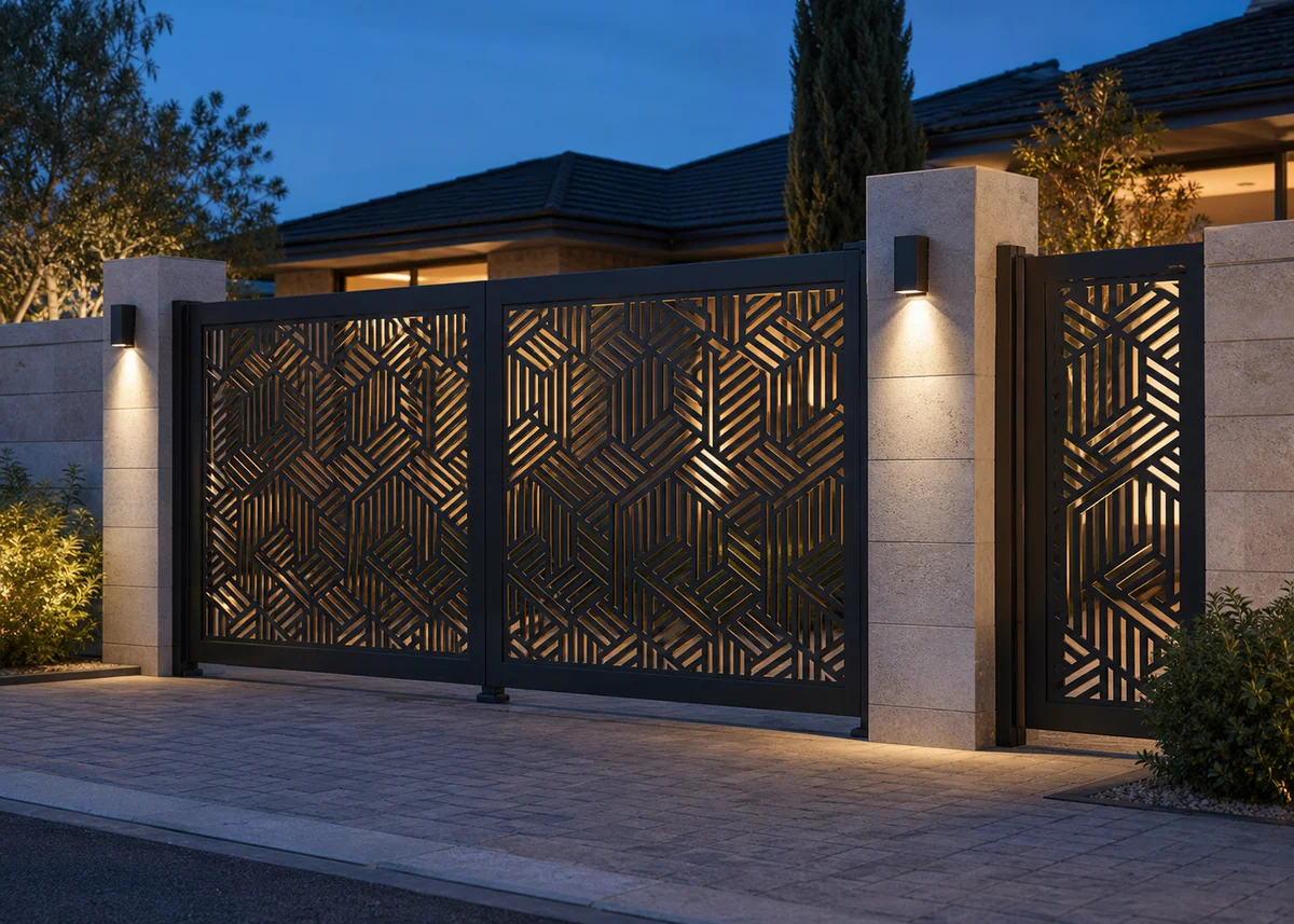 house front gate design: Backlit laser-cut geometric gate glowing at night