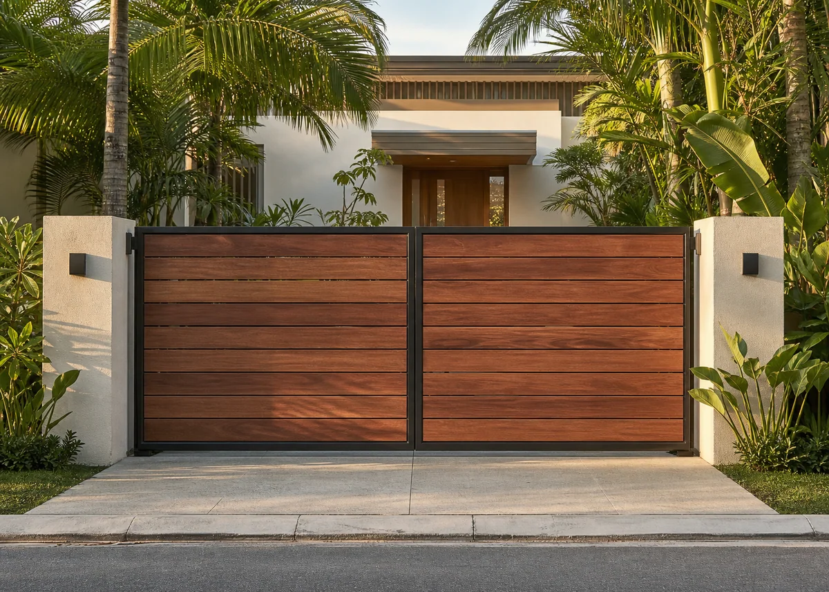 house front gate design: Hardwood board gate in steel frame with rendered piers
