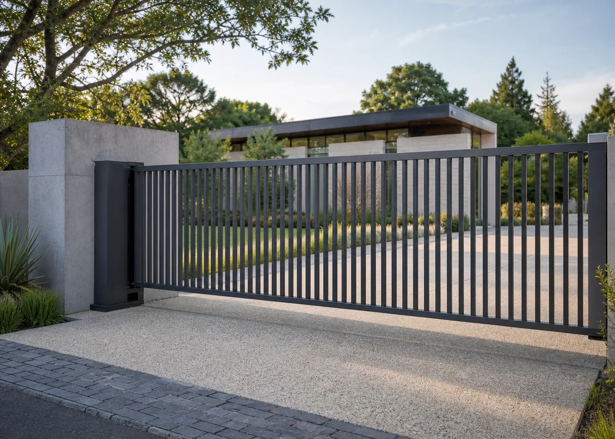 house front gate design: Cantilevered sliding gate with vertical balusters across wide driveway
