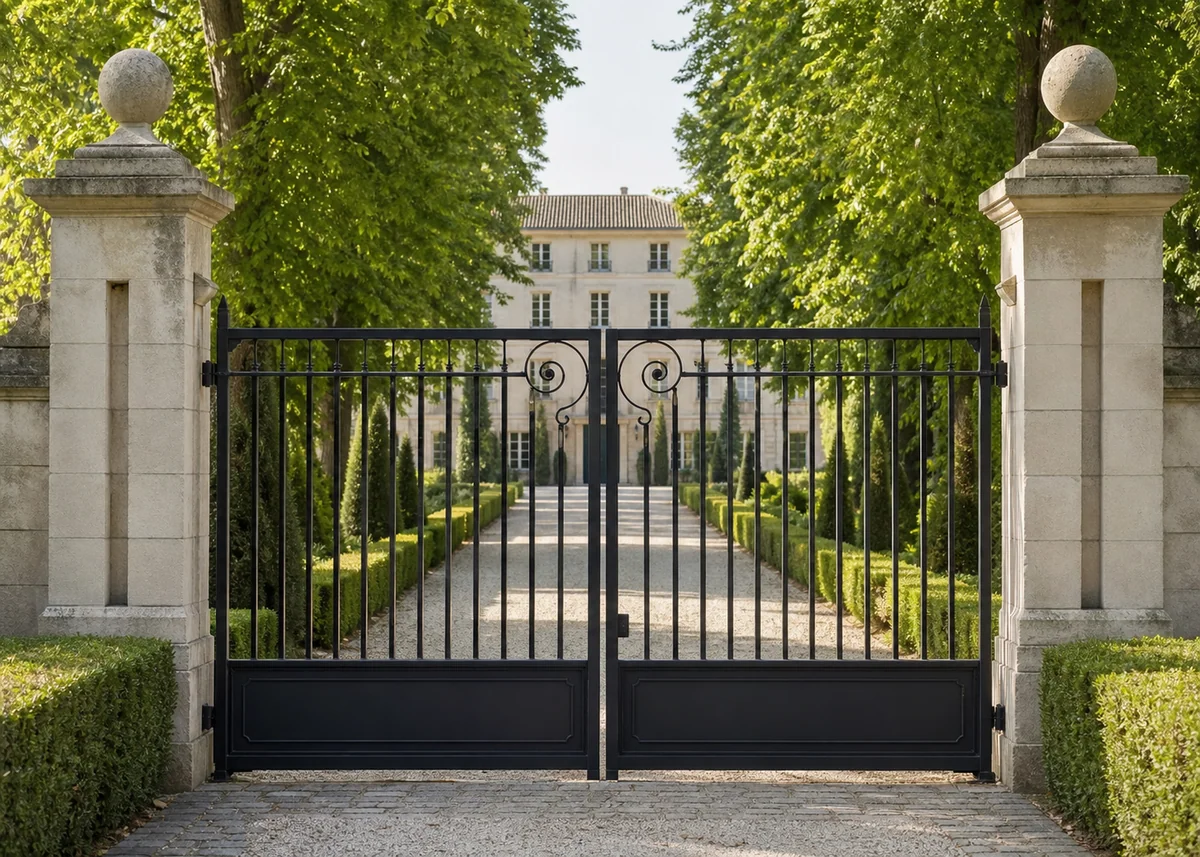 house front gate design: Classic double swing gates with restrained scroll detail