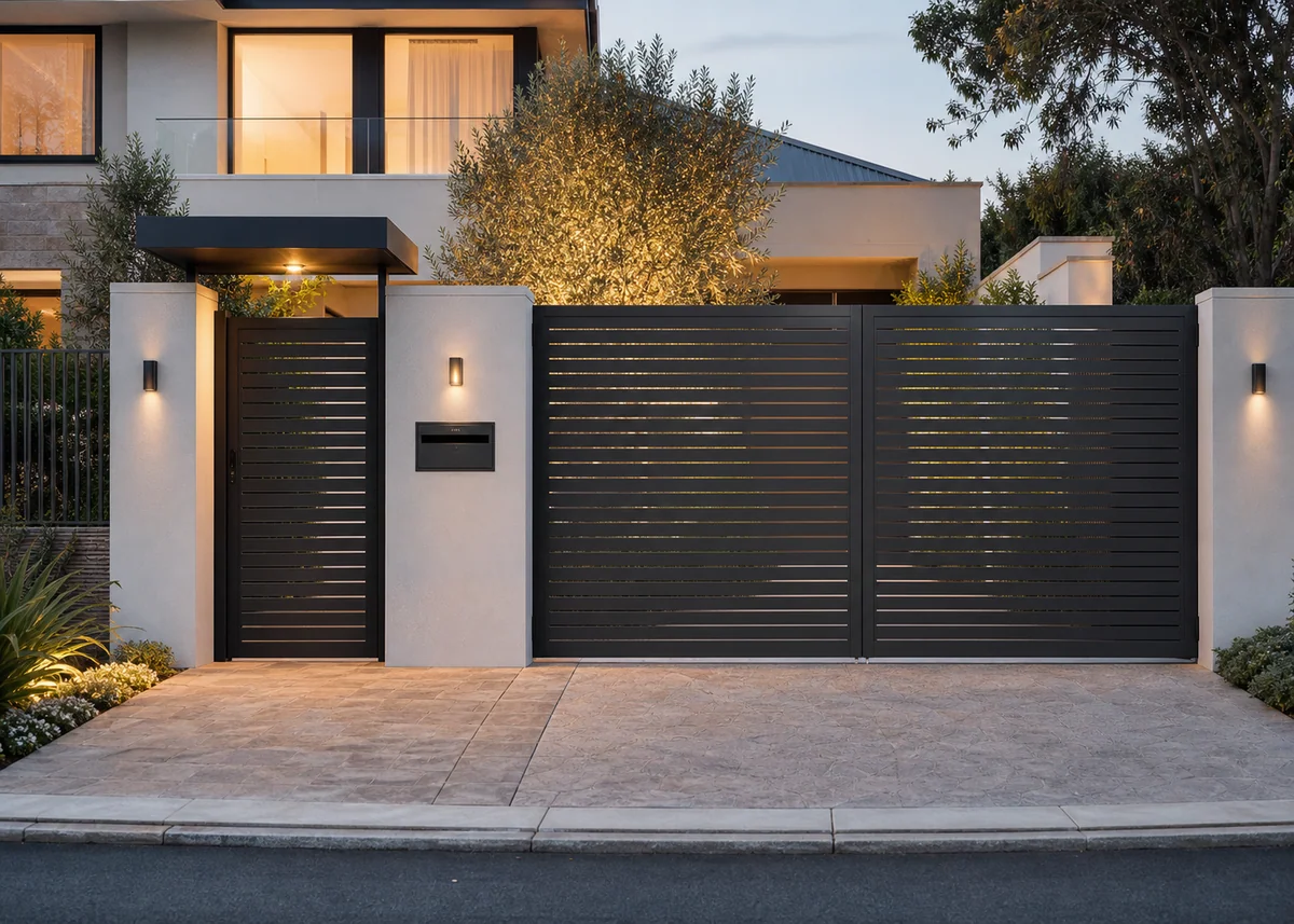 house front gate design: Matching pedestrian wicket gate beside the main vehicle gate