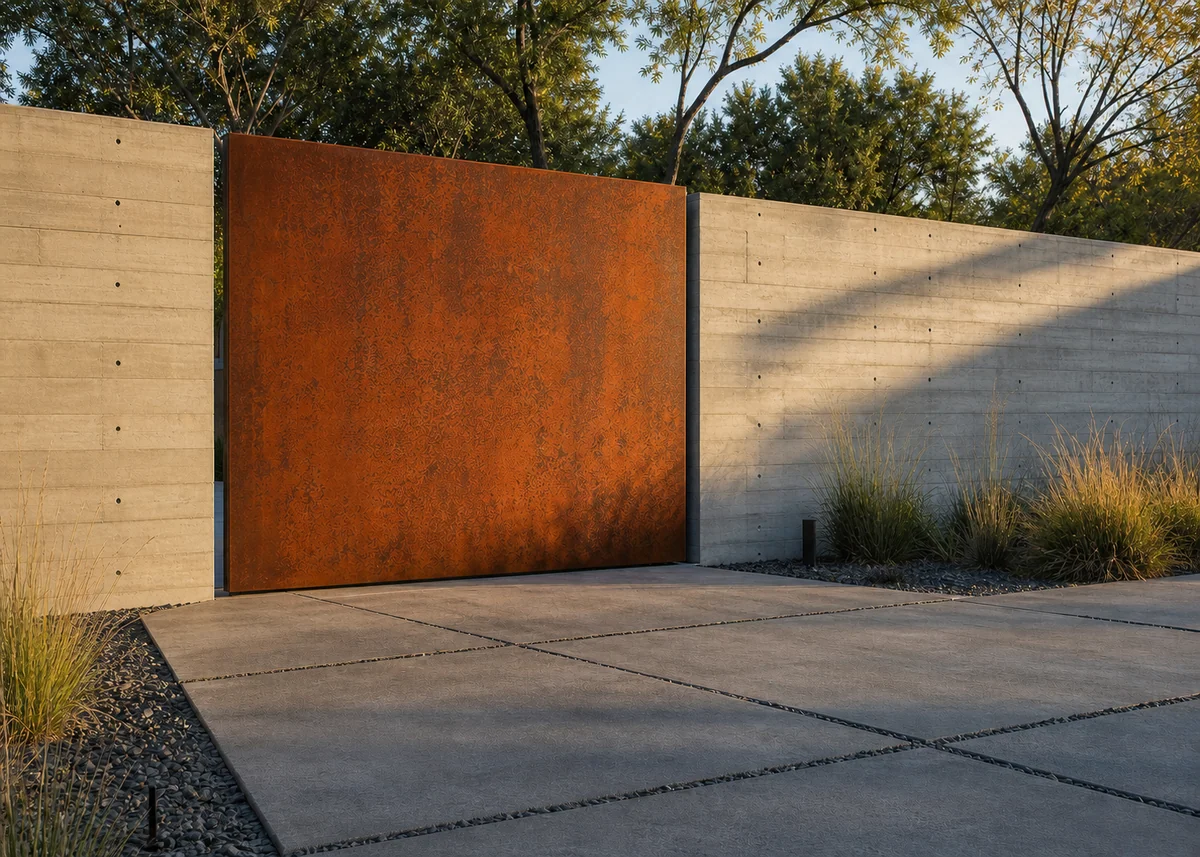 house front gate design: Oversized corten steel pivot gate with rust patina
