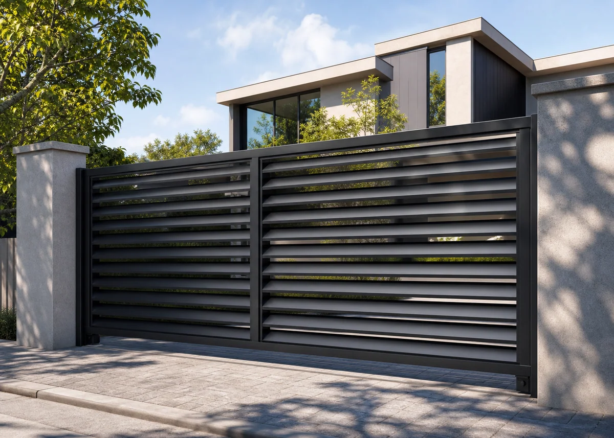 house front gate design: Louvre-bladed gate angling sightlines away from the street
