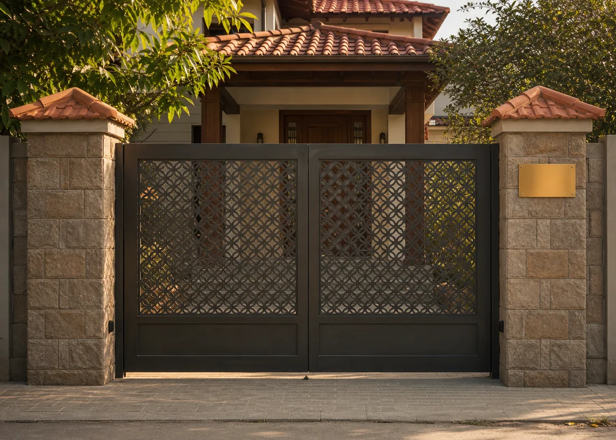 house front gate design: Jaali-inspired modern gate with brass nameplate and tile-capped piers