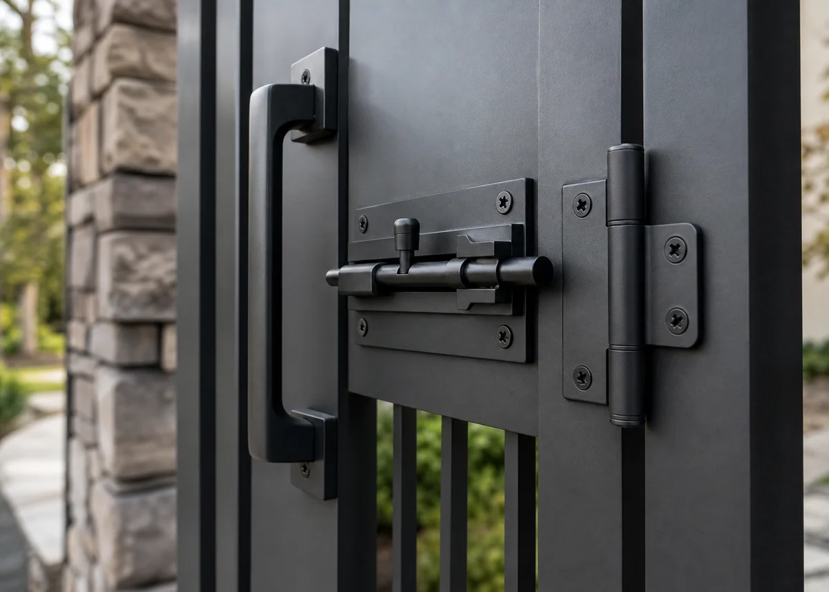 house front gate design: Close-up of substantial gate pull, slide bolt and pivot hardware