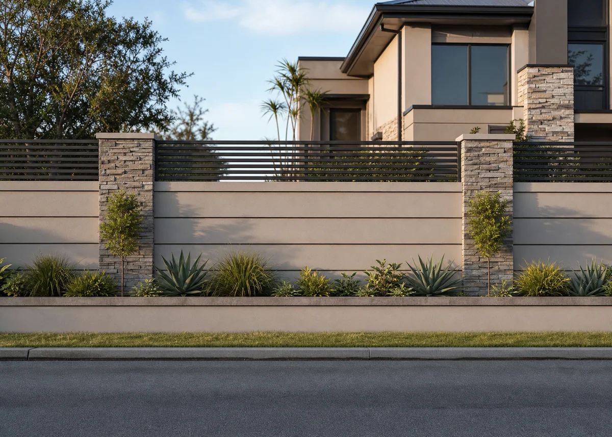 house front wall design: Modern compound wall with stone piers, slat toppers and planter bed