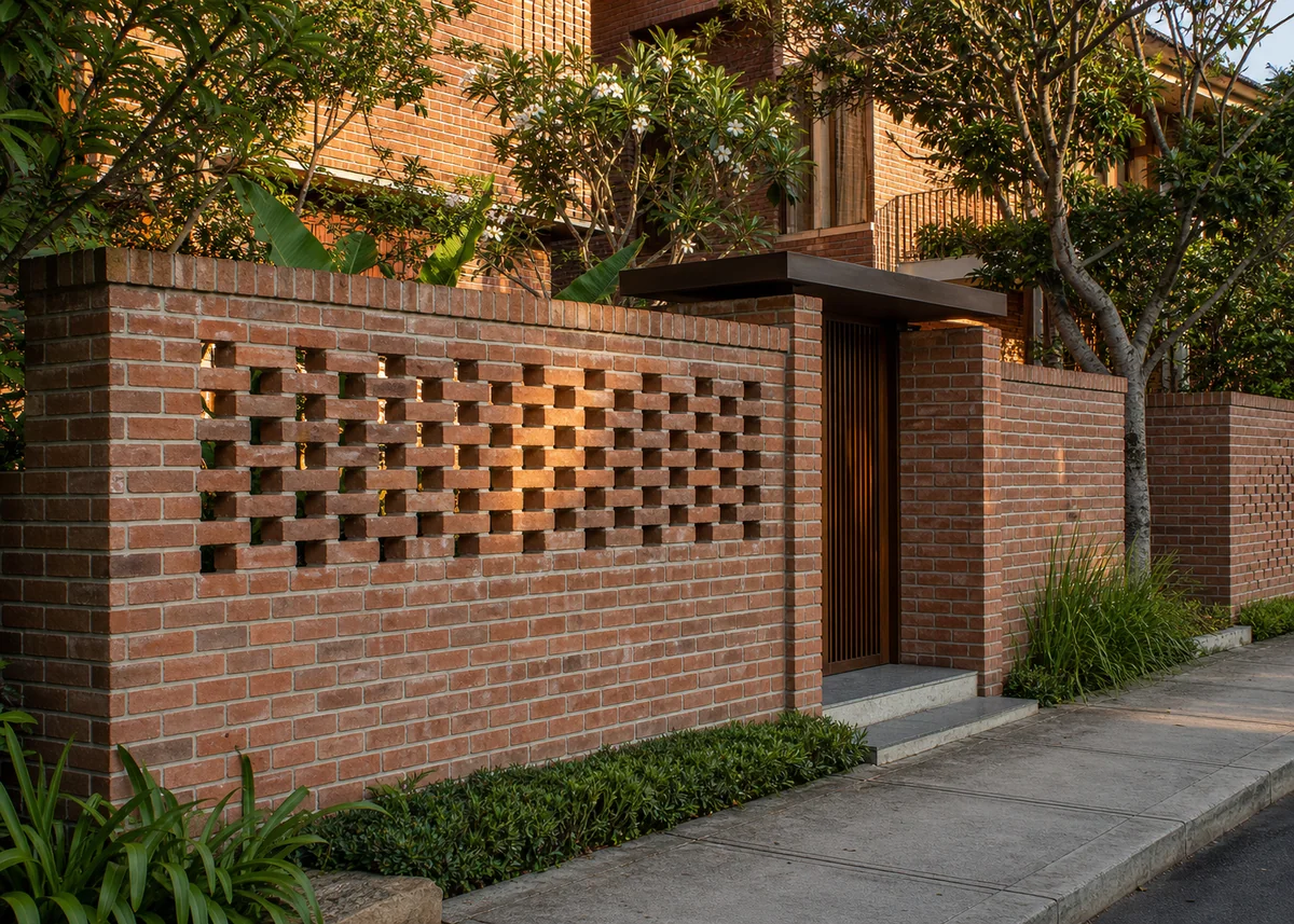 house front wall design: Front boundary wall with hit-and-miss brick screen over solid base