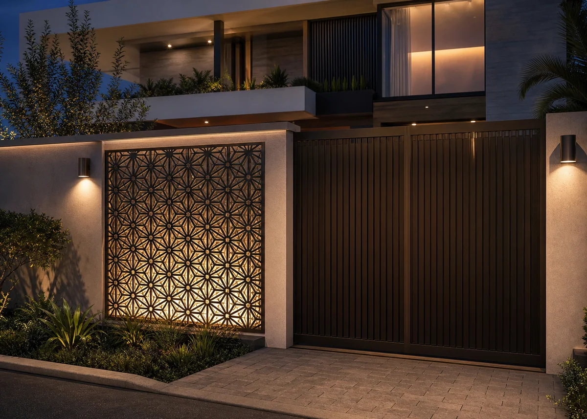 house front wall design: Laser-cut feature panel beside gate, backlit at night