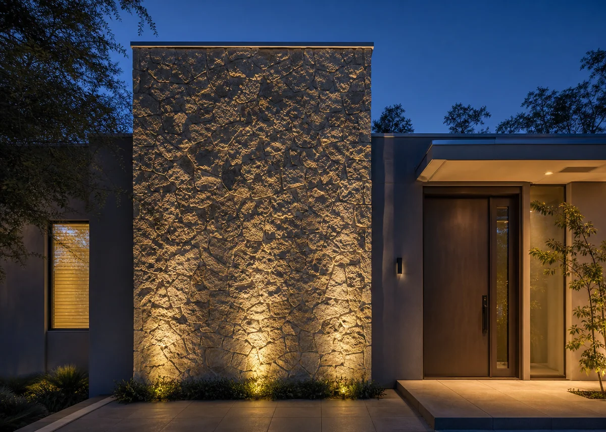 house front wall design: Two-storey stone feature wall at entrance under grazing light