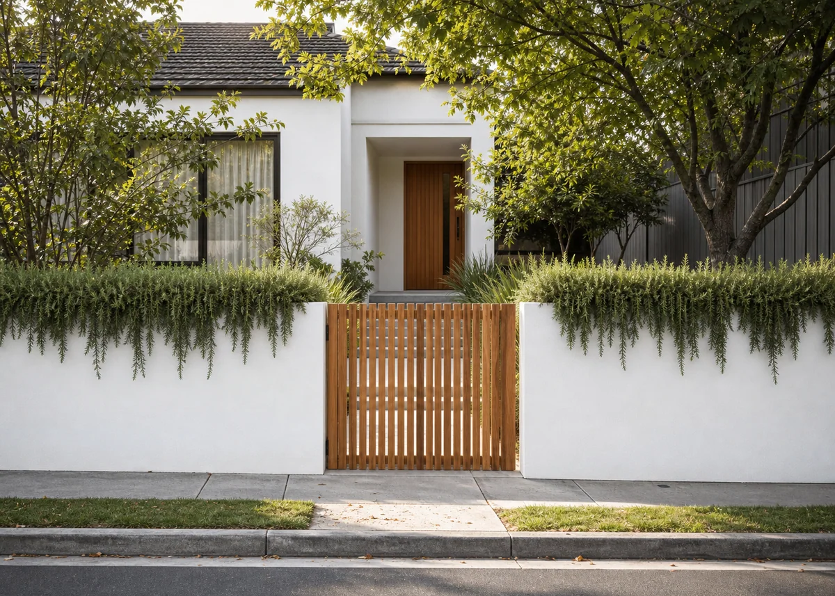house front wall design: Low white front wall with timber gate and trailing rosemary trough
