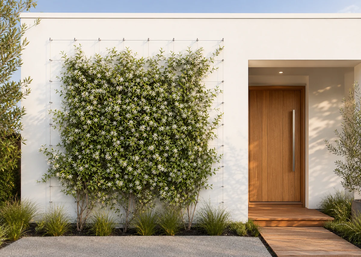 house front wall design: Front wall panel softened by star jasmine on cable trellis