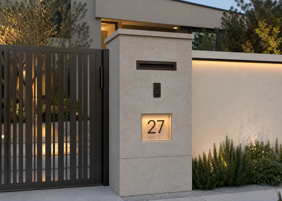house front wall design: Compound wall pier with integrated letterbox and lit house number