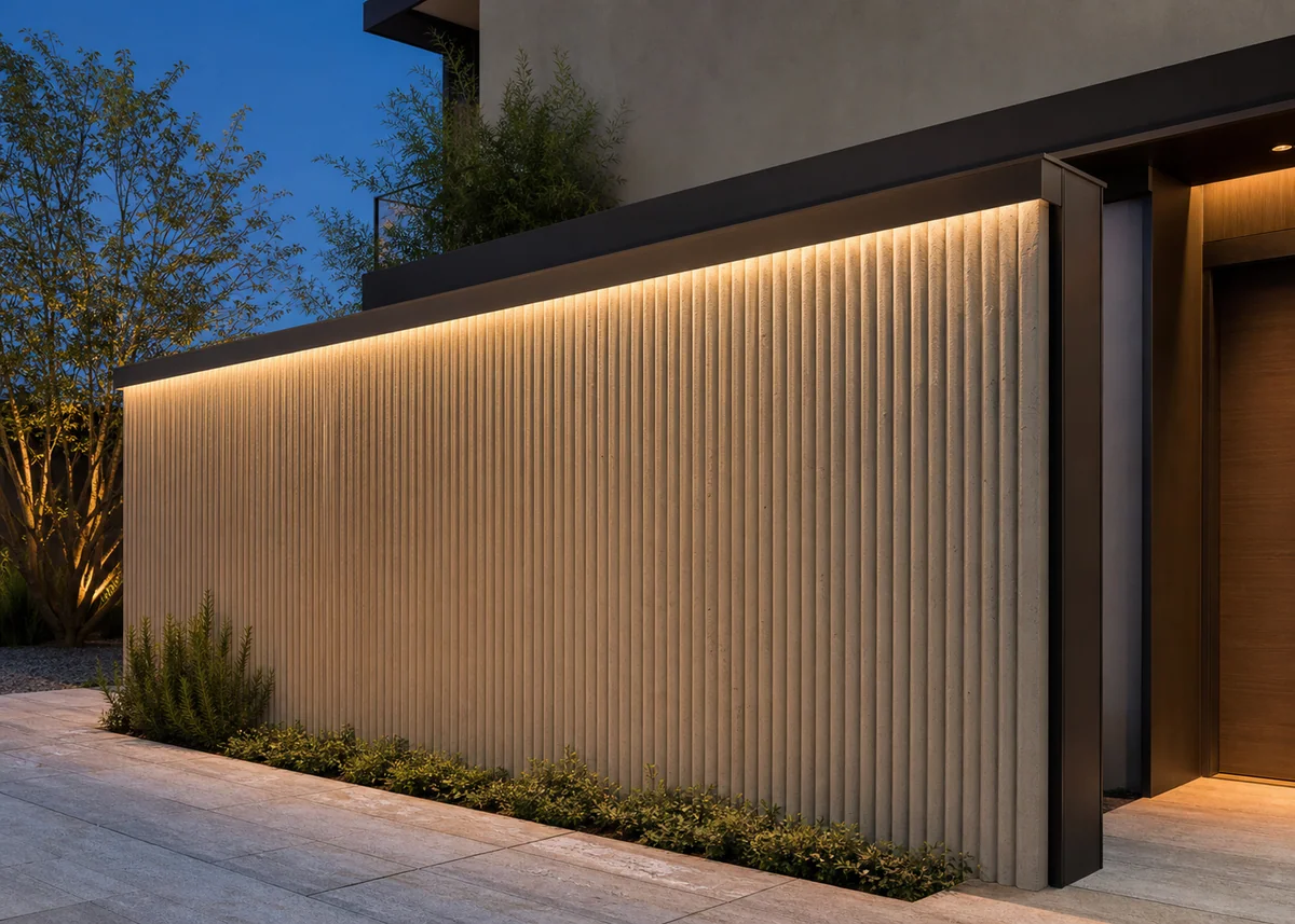 house front wall design: Fluted concrete feature wall washed by concealed LED coping light