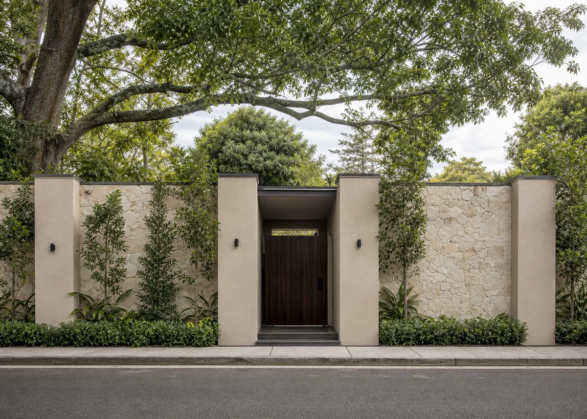 house front wall design: Full-height privacy wall articulated with piers and planting pockets