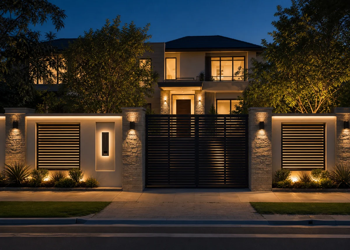 house front wall design: Front wall at night with coping strips and glowing slat sections