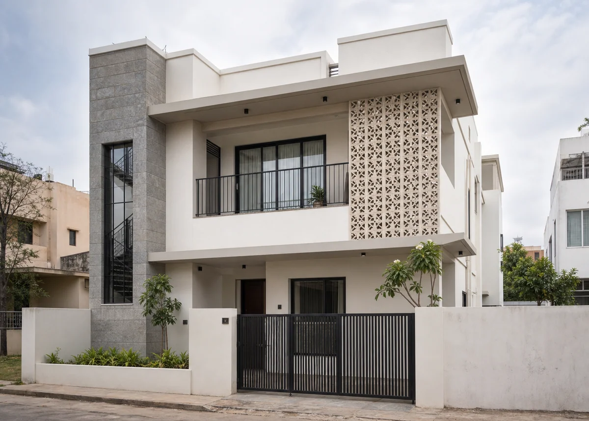 indian house front design: Modern Indian duplex elevation with stone band and jaali balcony screen