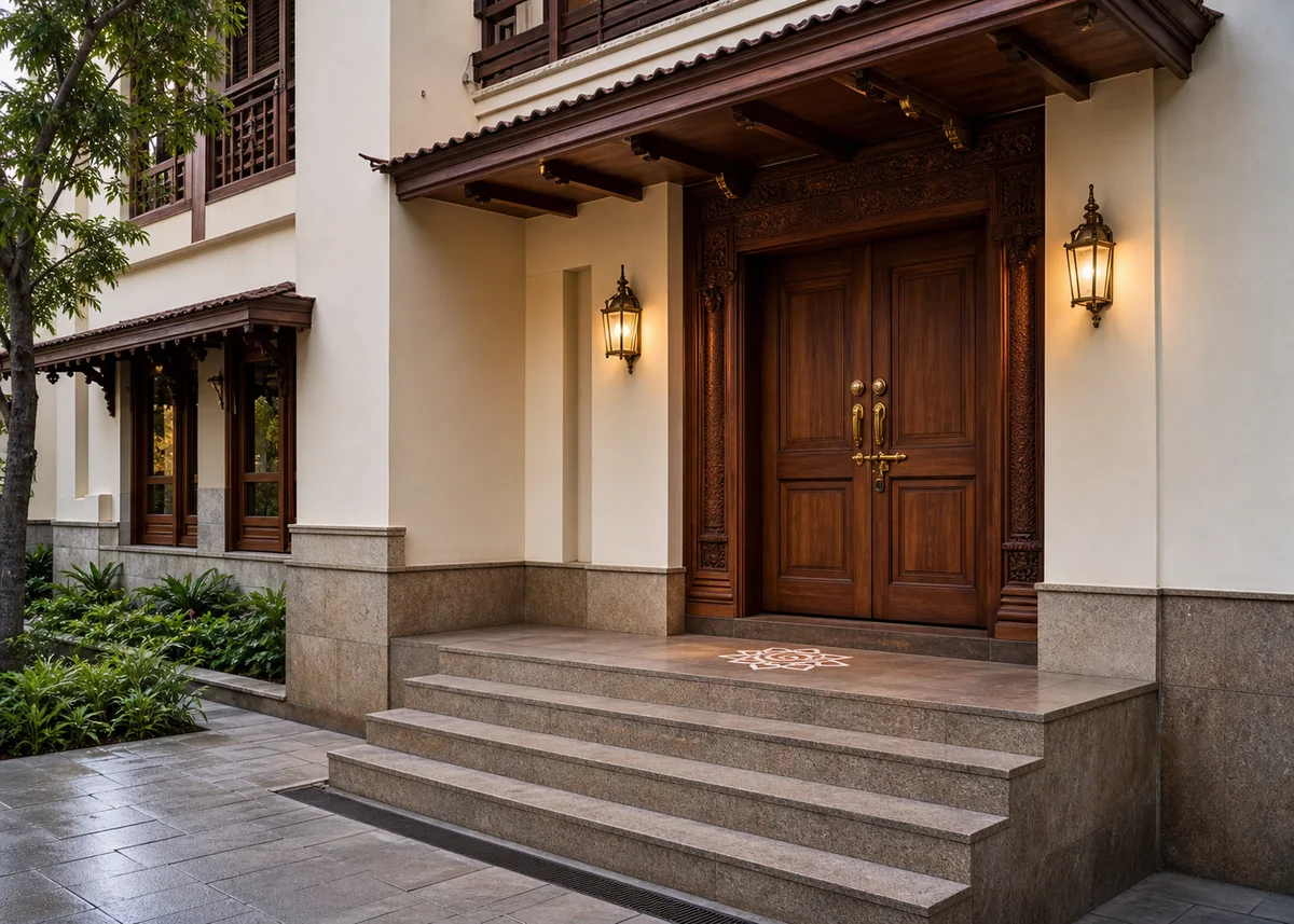indian house front design: Indian house entrance with raised steps, teak door and brass fittings