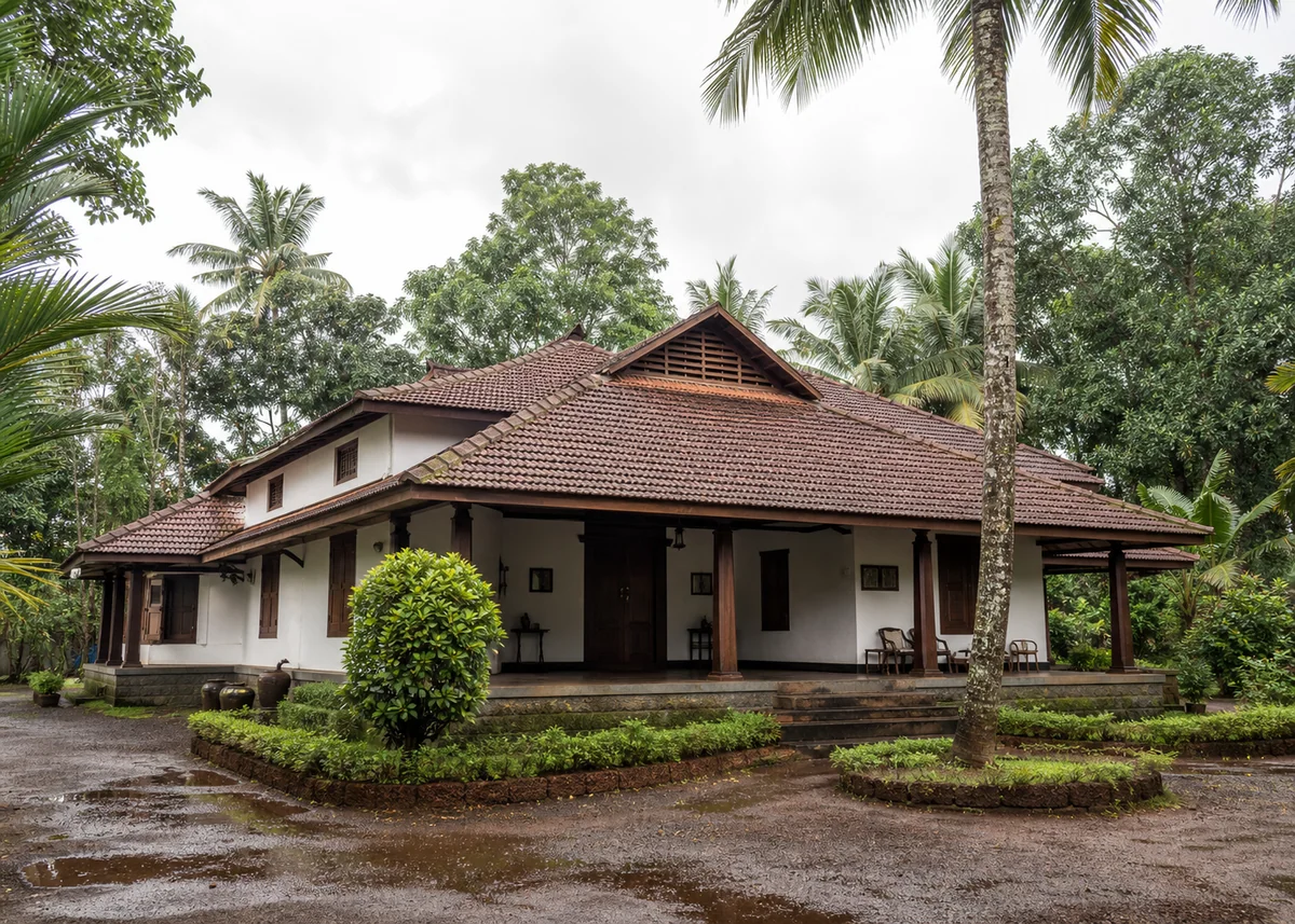 indian house front design: Kerala style house front with sloped tile roof and timber verandah