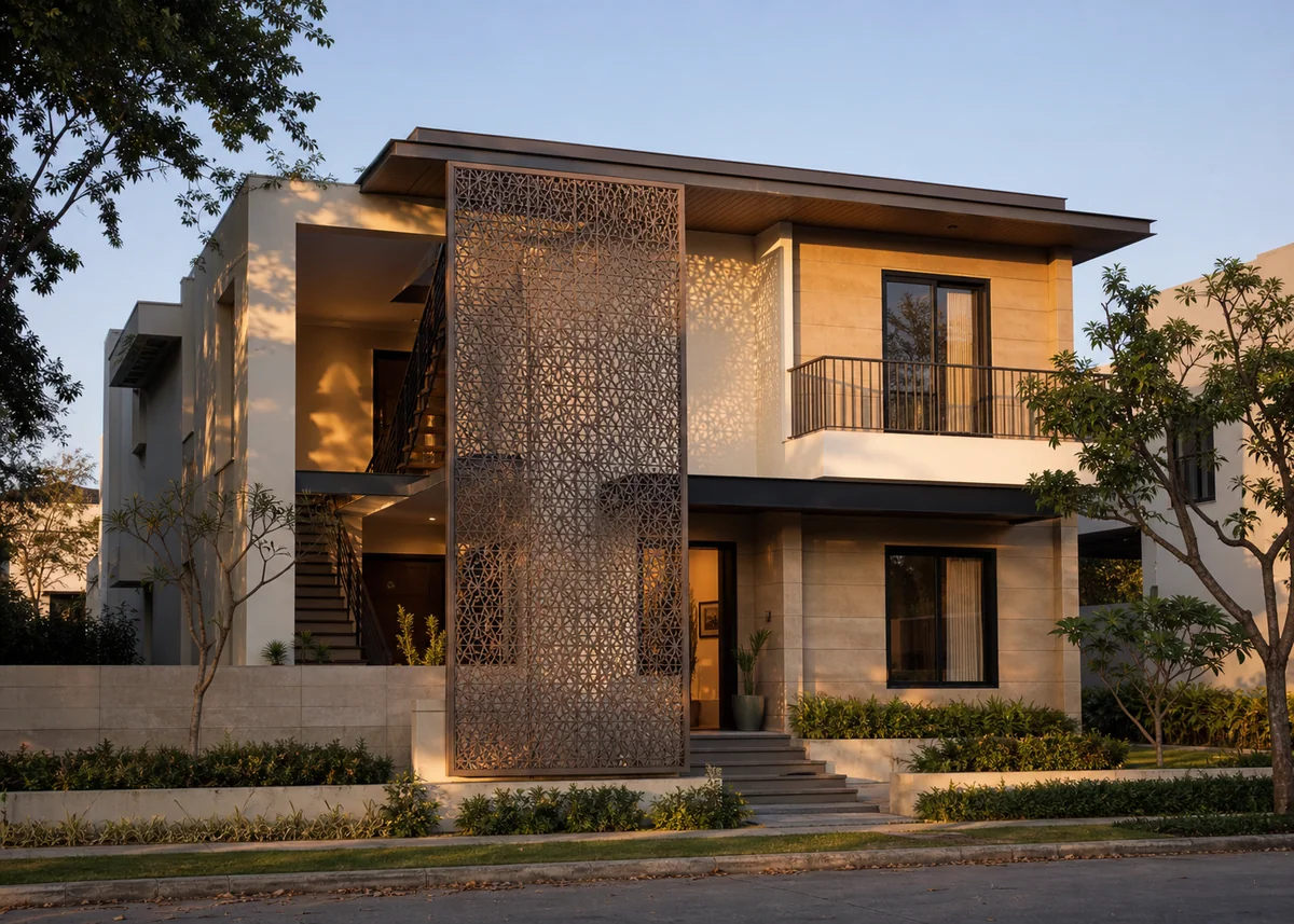 indian house front design: Indian elevation with laser-cut jaali casting evening shadow patterns
