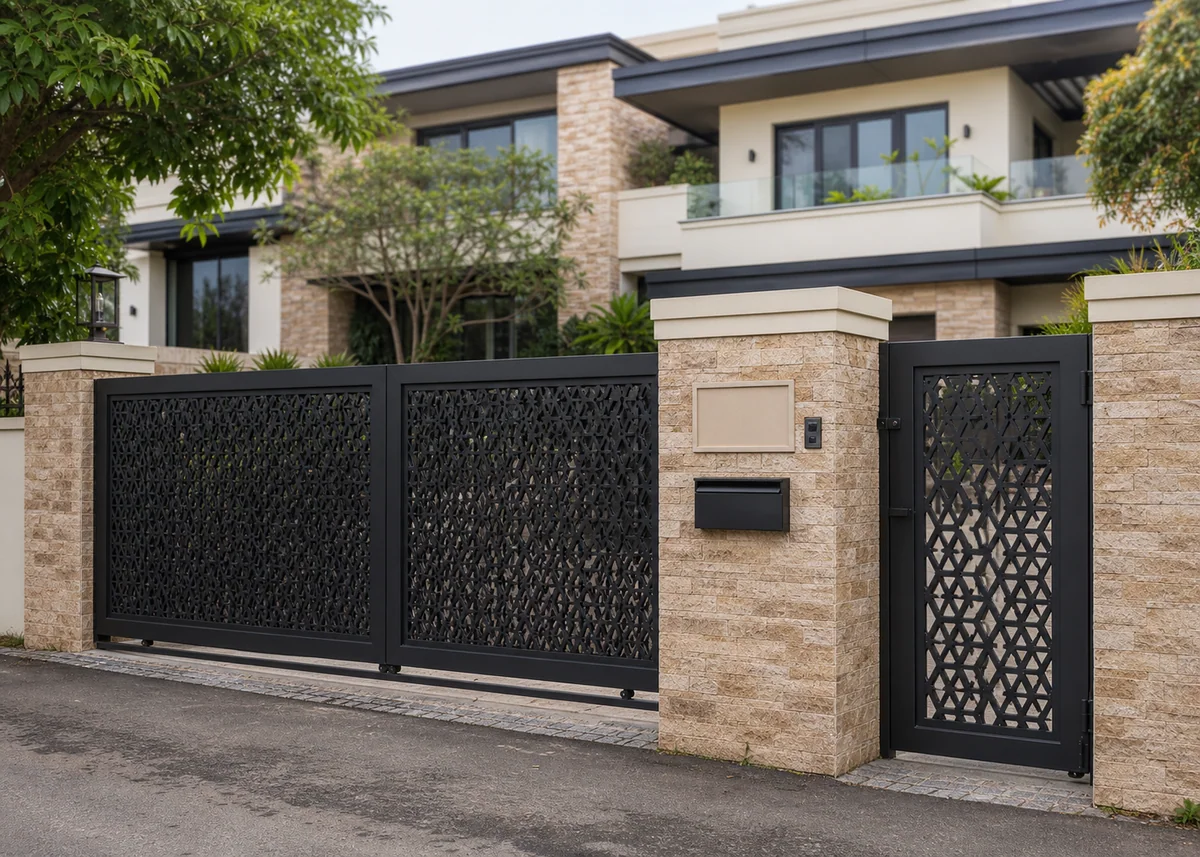 indian house front design: Indian compound wall with stone piers and laser-cut gate matching the house