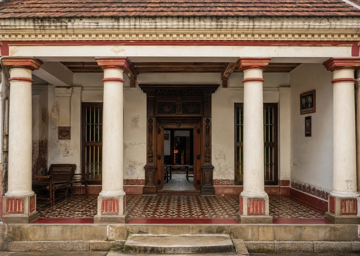 indian house front design: Chettinad style house front with columned verandah and carved door