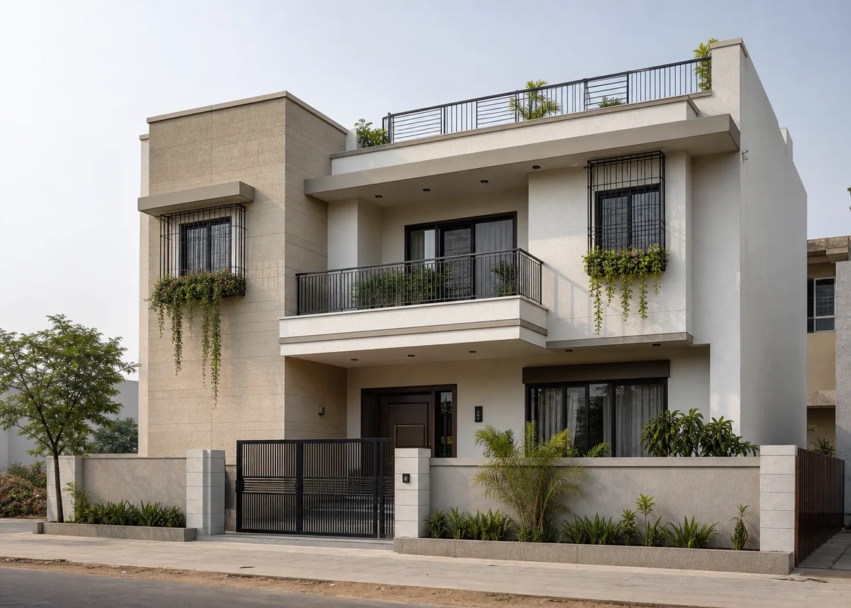 indian house front design: North Indian elevation with continuous chajja bands and planted box grills
