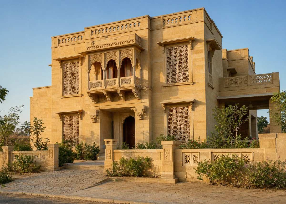 indian house front design: Rajasthani style front with sandstone jharokha and stone jaali