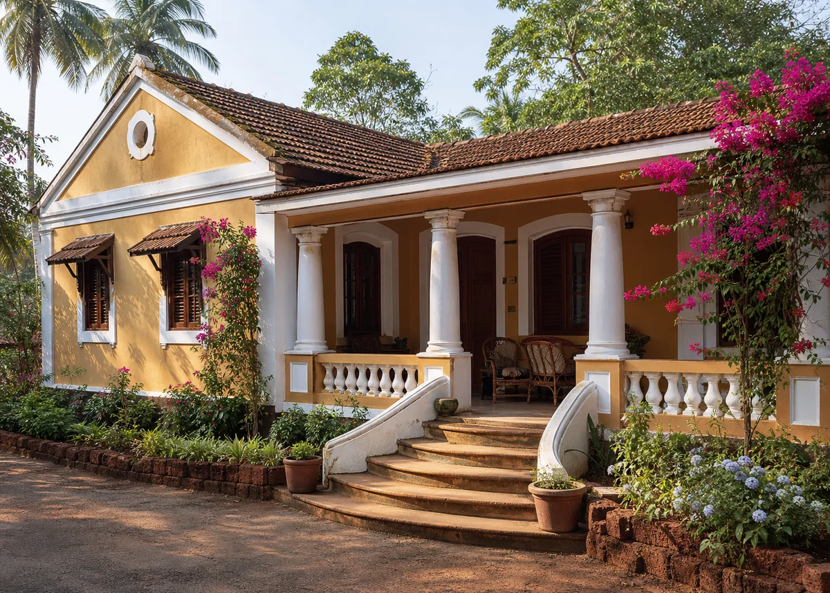 indian house front design: Goan Portuguese style house front with balcão porch and ochre walls