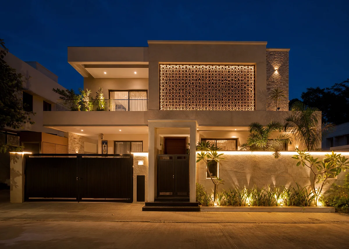 indian house front design: Indian house front at night with glowing jaali and lit compound wall