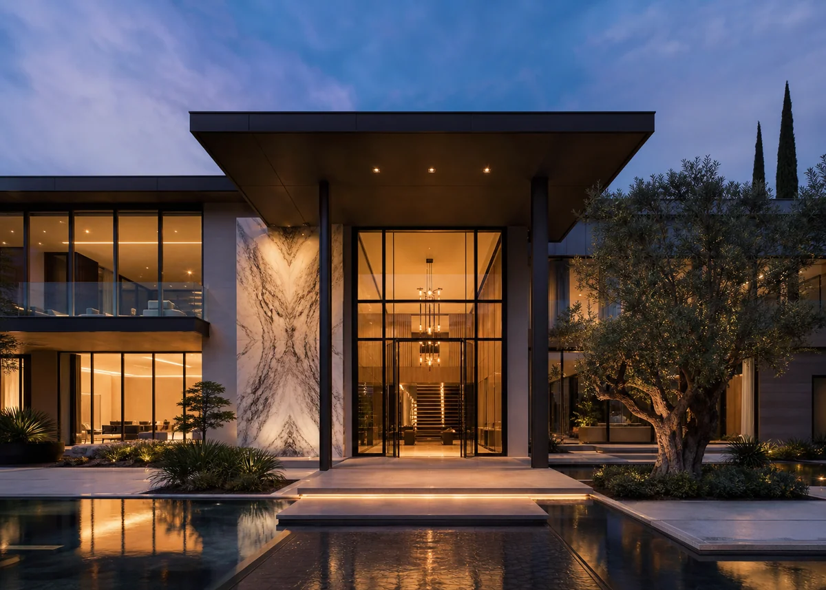 luxury house front design: Luxury modern villa front with double-height entrance and book-matched marble