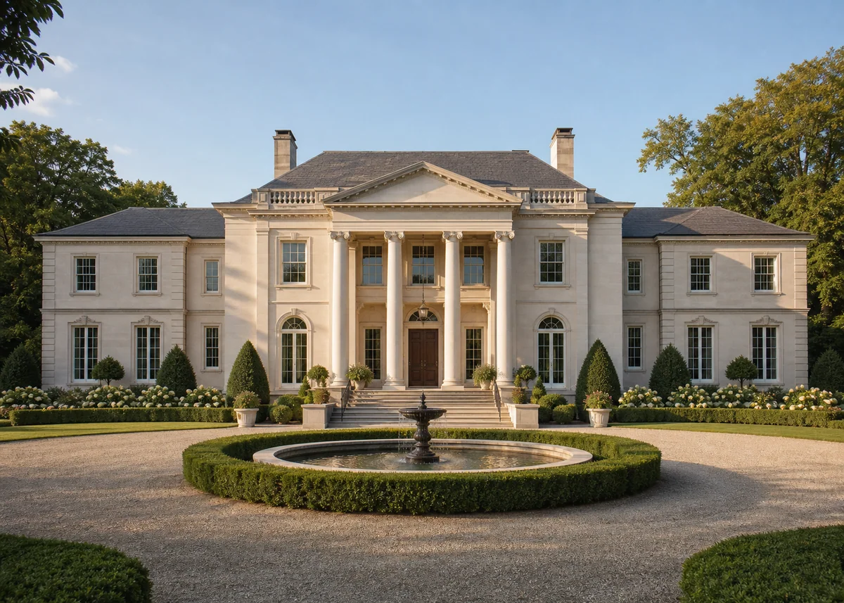 luxury house front design: Luxury classical mansion facade with limestone portico and fountain driveway