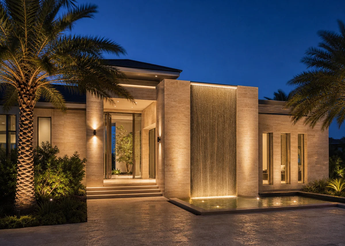 luxury house front design: Resort-style luxury house front with travertine walls and waterfall feature