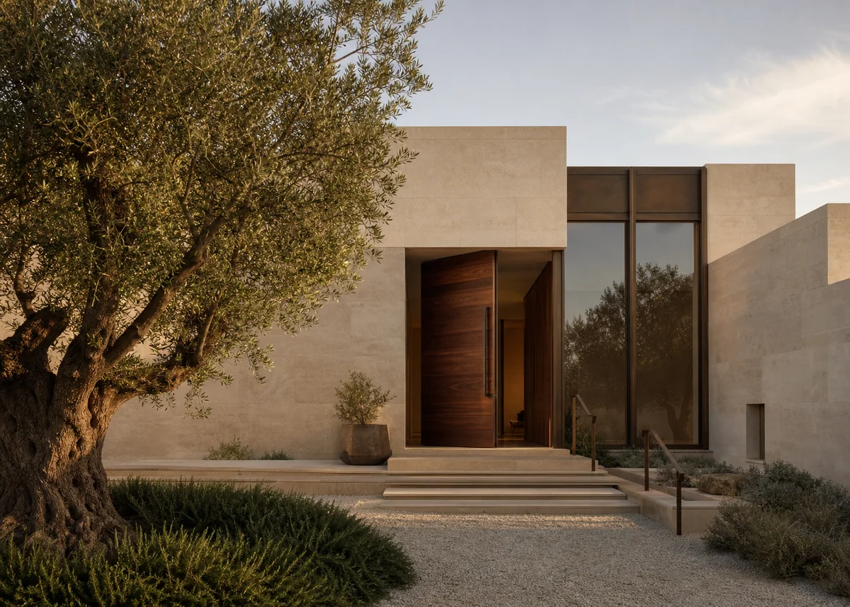 luxury house front design: Quiet luxury facade in honed limestone with bronze frames and walnut pivot door