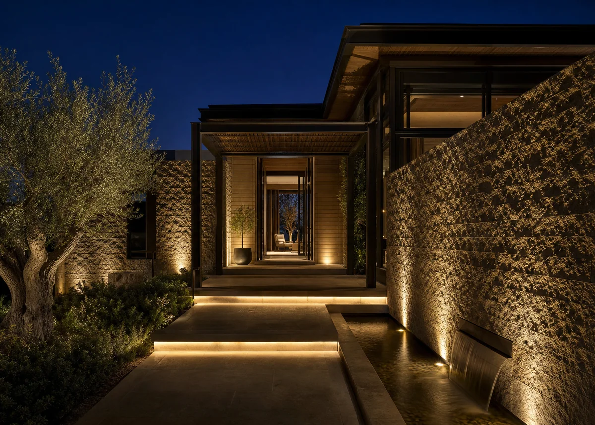 luxury house front design: Luxury house entrance at night with professional layered lighting design