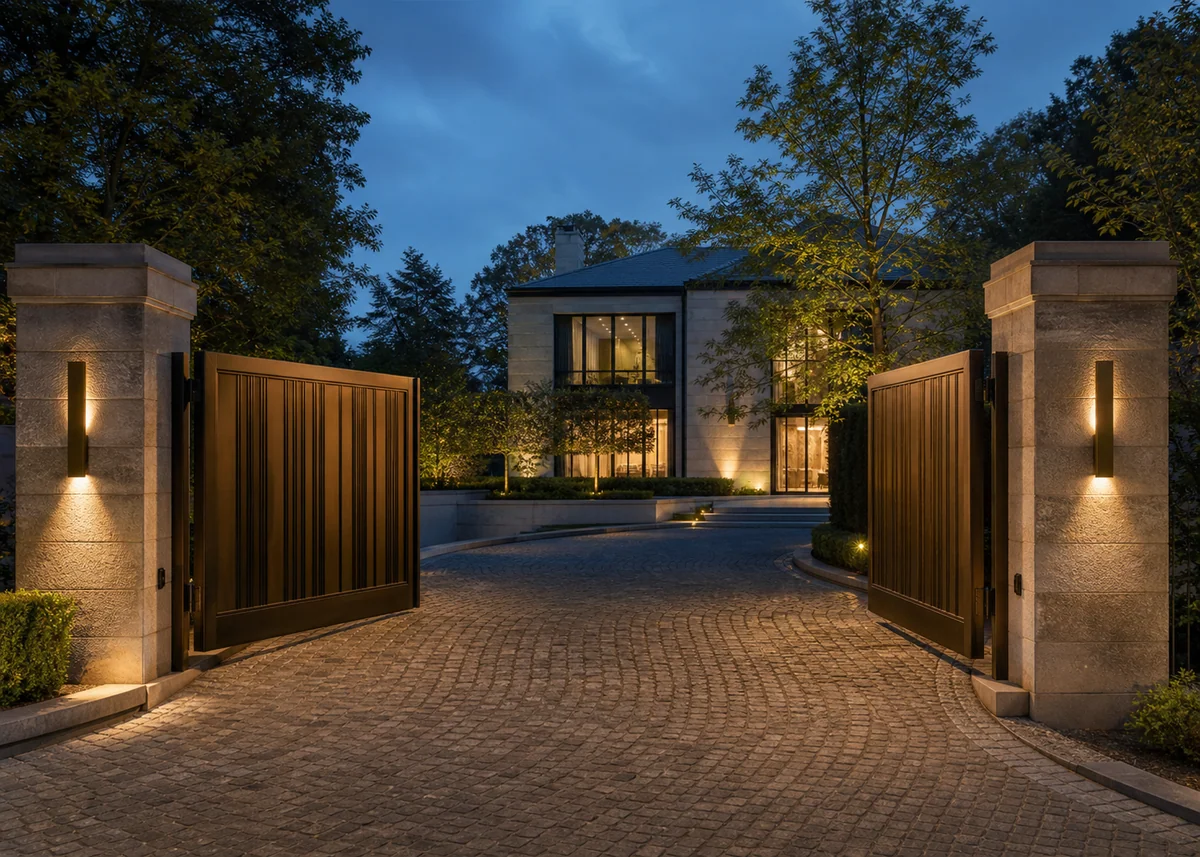 luxury house front design: Luxury bronze-clad gates with stone piers and granite sett driveway