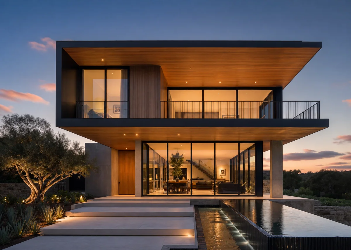 luxury house front design: Luxury contemporary house with cantilever, teak soffit and water feature