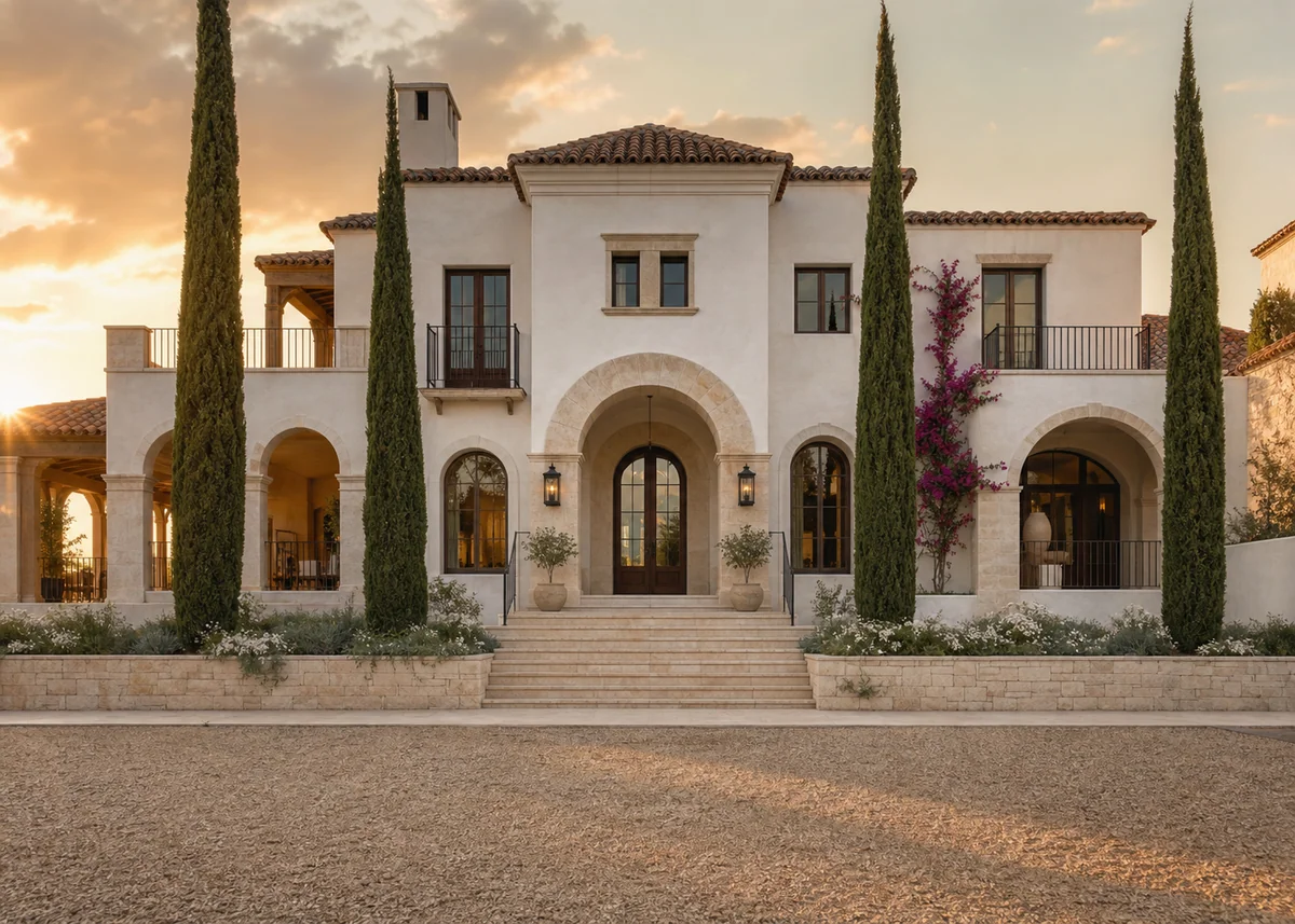 luxury house front design: Mediterranean luxury villa front with stone arches and cypress trees