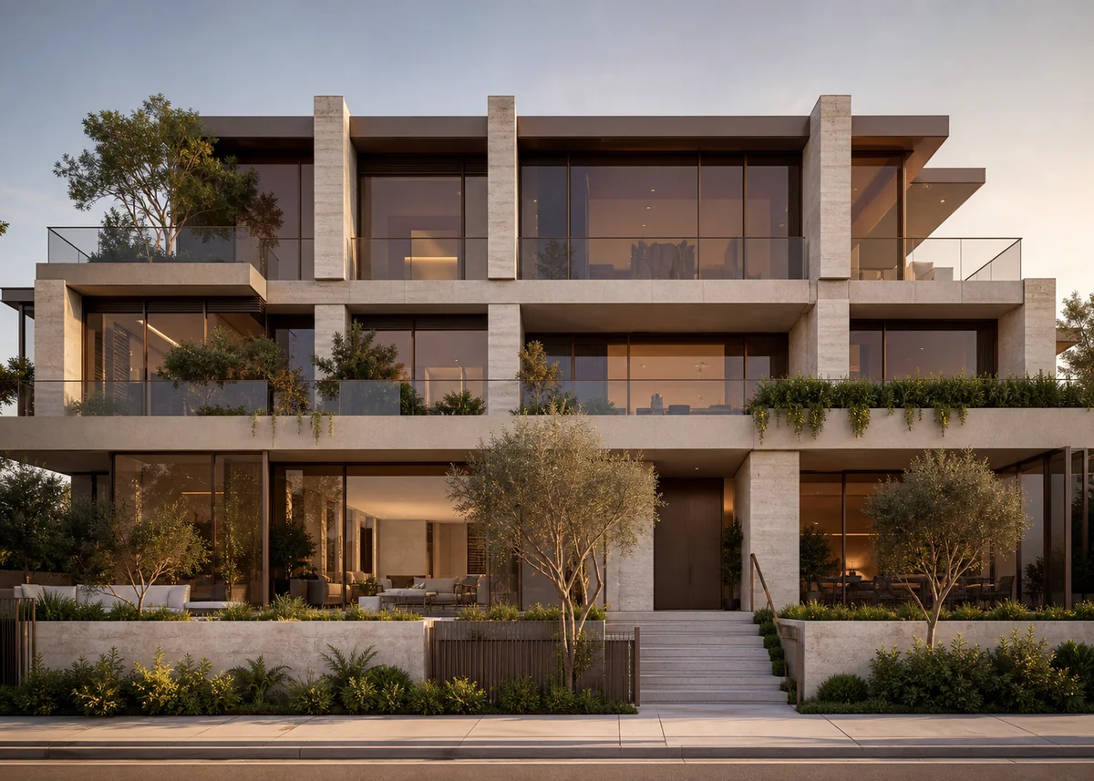 luxury house front design: Luxury facade with bronze-tinted glazing, stone fins and planted terraces