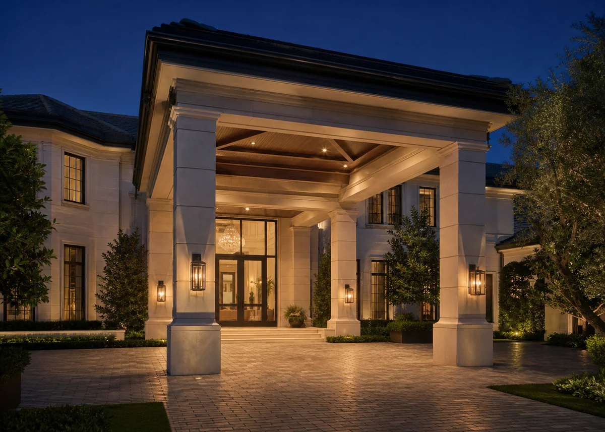 luxury house front design: Grand porte-cochère entrance with double-height canopy and stone columns