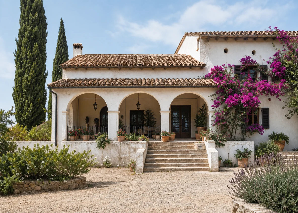 mediterranean house front design: Mediterranean villa front with arched loggia, terracotta roof and bougainvillea
