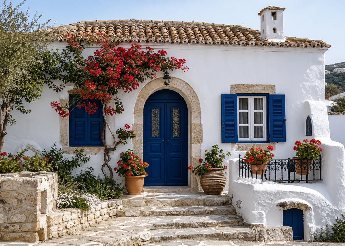 mediterranean house front design: Greek island house front with whitewashed walls and cobalt blue door