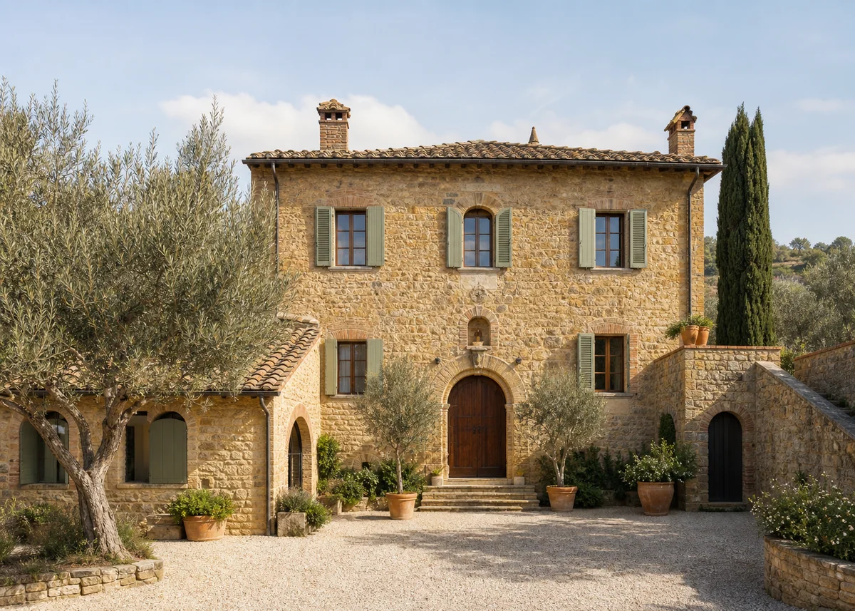 mediterranean house front design: Tuscan stone house front with sage shutters and olive trees