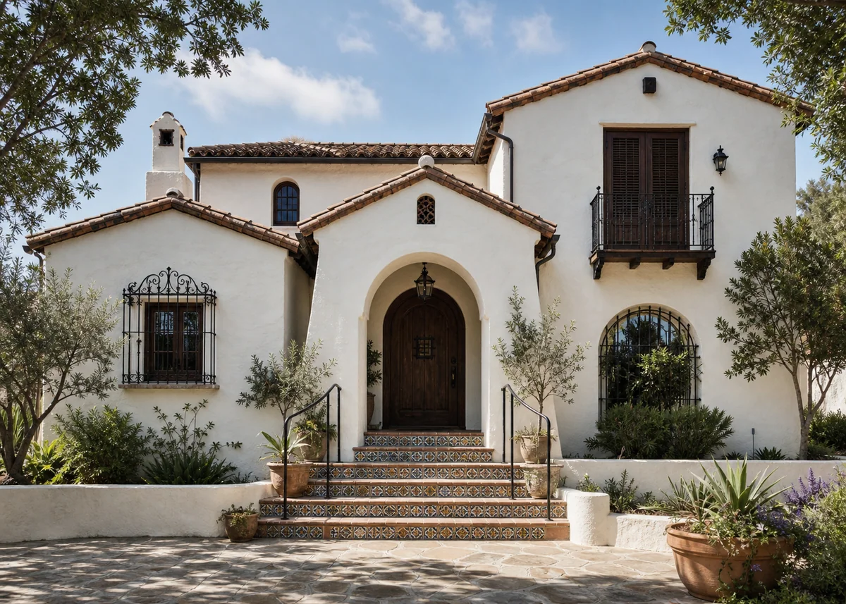 mediterranean house front design: Spanish revival house front with arched walnut door and iron grilles