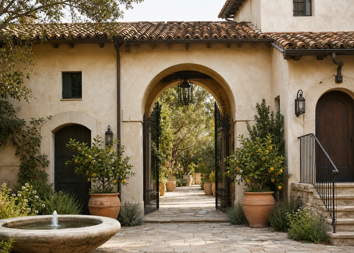 mediterranean house front design: Mediterranean walled courtyard entry with fountain and lemon trees
