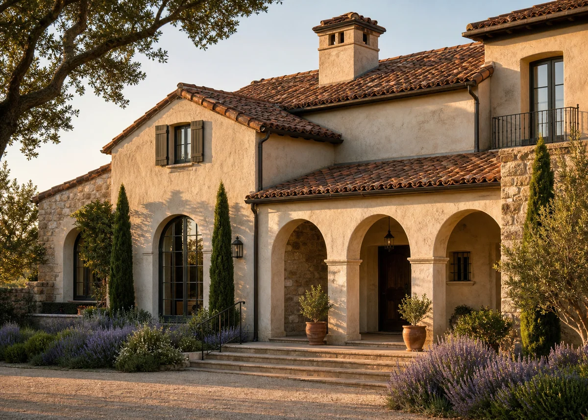 mediterranean house front design: Mediterranean house front at golden hour with deep arch shadows