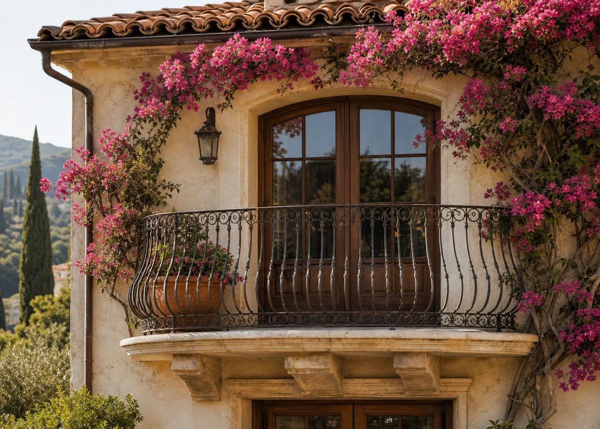 mediterranean house front design: Mediterranean balcony with belly-curved iron railing and bougainvillea