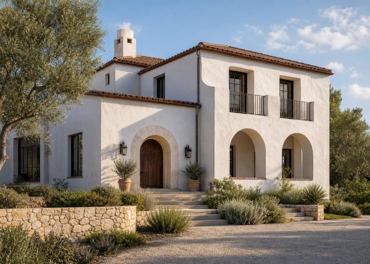 mediterranean house front design: Modern Mediterranean house front blending arches with clean volumes