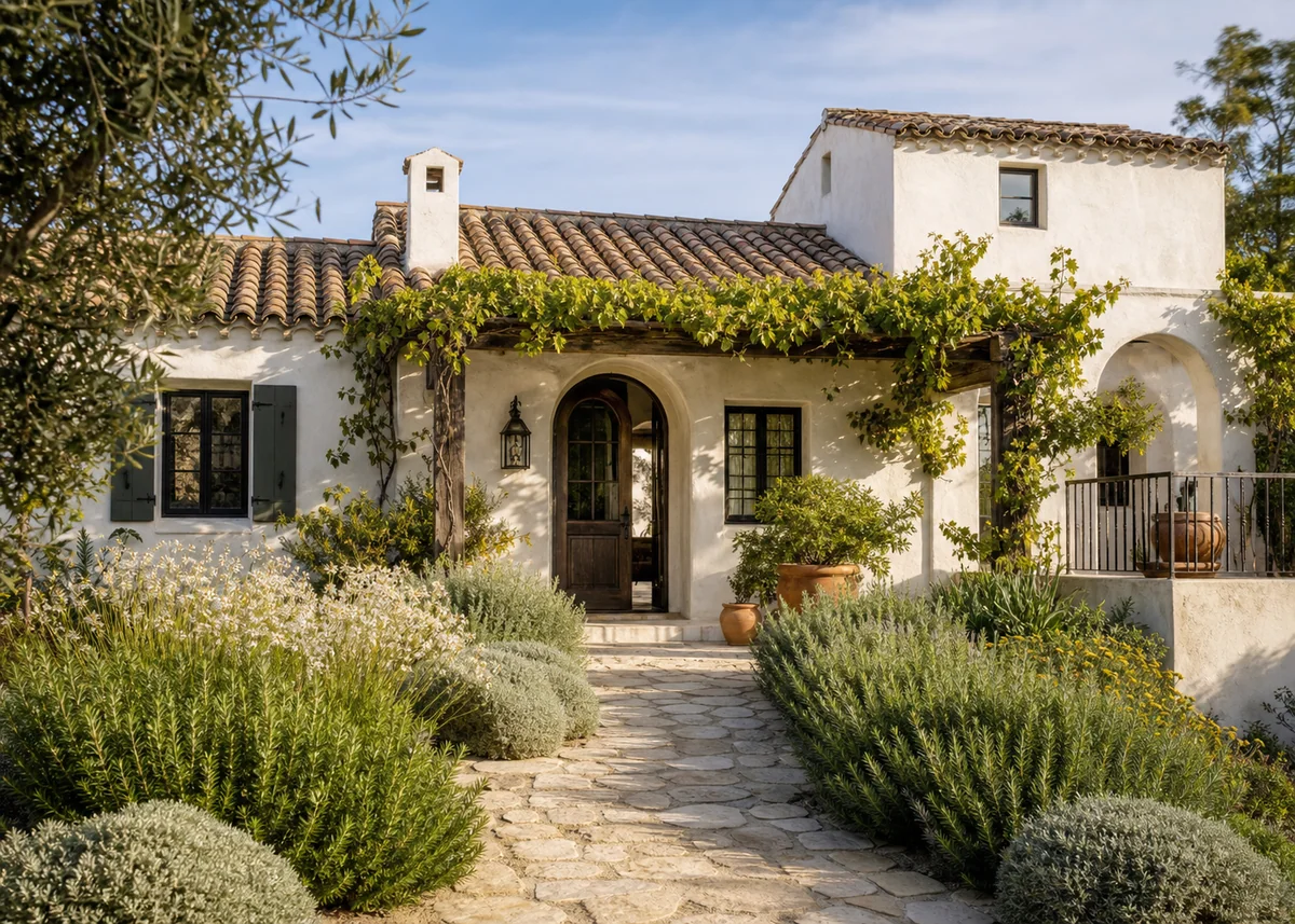 mediterranean house front design: Mediterranean entry under vine-covered pergola with herb planting