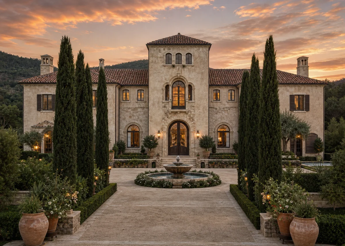 mediterranean house front design: Grand Mediterranean estate front with entrance tower and cypress rows