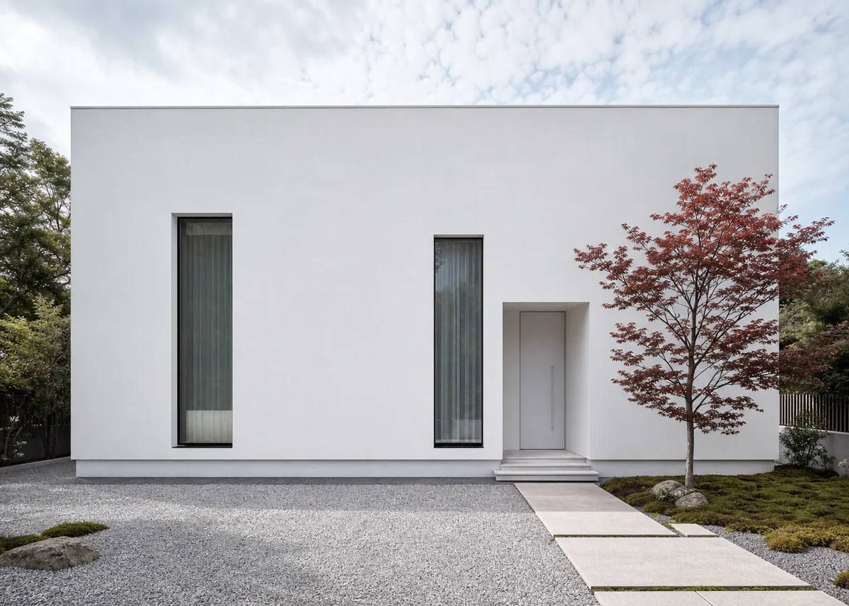 minimalist house front design: Minimalist white monolithic house front with frameless windows and Japanese maple